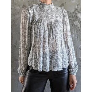 🇨🇦Gentle Fawn -White Green Pleated Blouse-Boho-Romantic-Size M